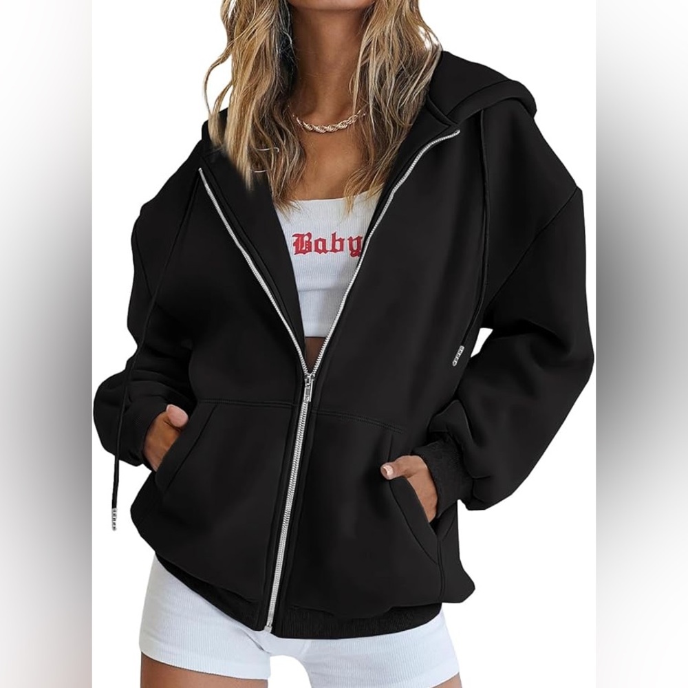 Women's Drawstring Zip Up Cute Hoodies Fall Jacket Oversized size medium black